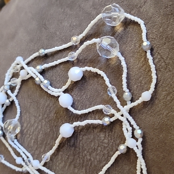 HANDMADE White and Silver Glass Acrylic Beaded Extra Long Necklace - Picture 3 of 5